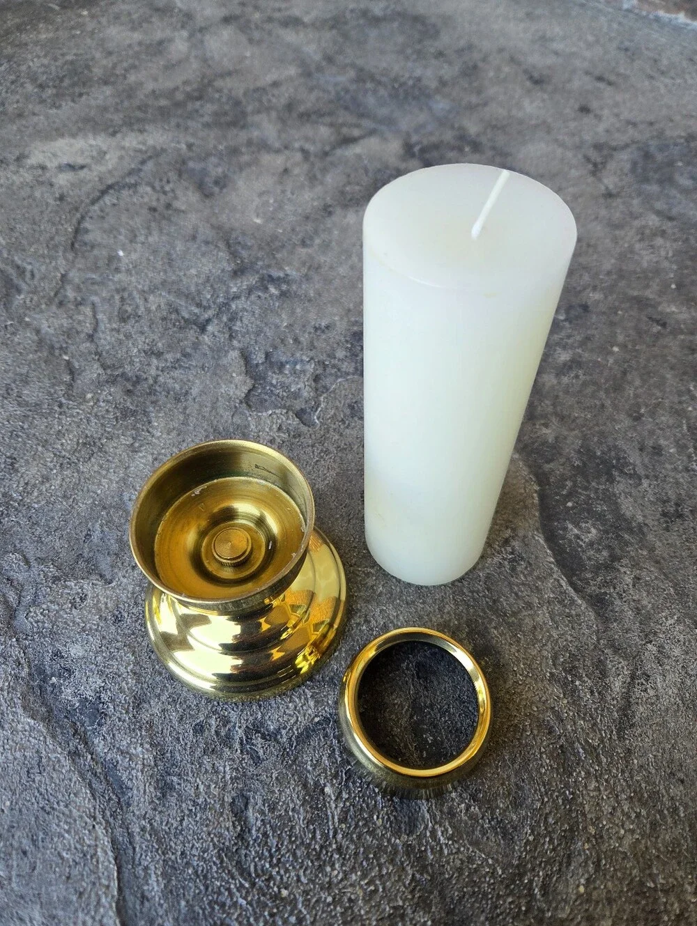 Vintage Copper Craft Polished Brass Pillar Candle Holder Collar & White Candle